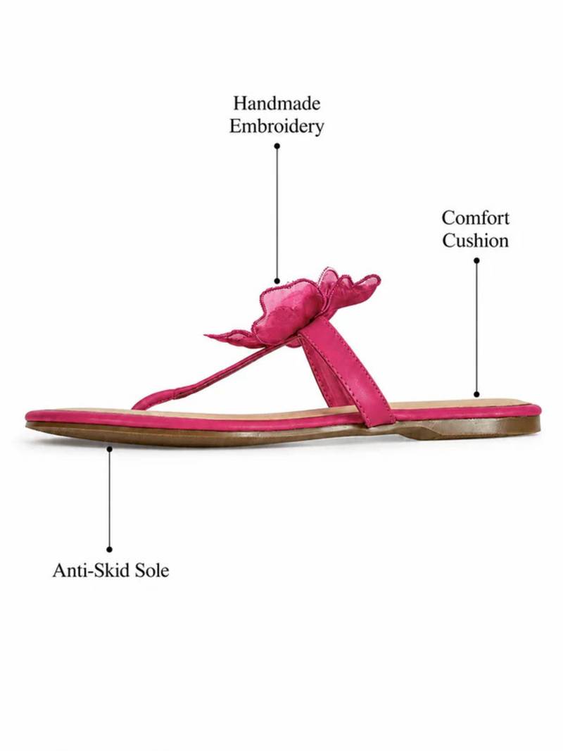 Pink beaded faux leather t-strap flower flats for women