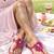 Pink beaded faux leather t-strap flower flats for women