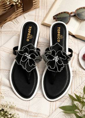 Black beaded faux leather t-strap flower flats for women 1