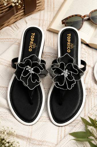 Black beaded faux leather t-strap flower flats for women