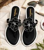Black beaded faux leather t-strap flower flats for women