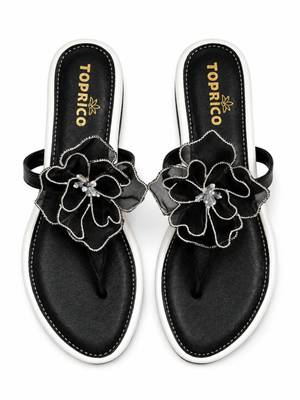 Black beaded faux leather t-strap flower flats for women 2