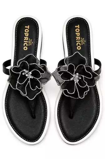 Black beaded faux leather t-strap flower flats for women