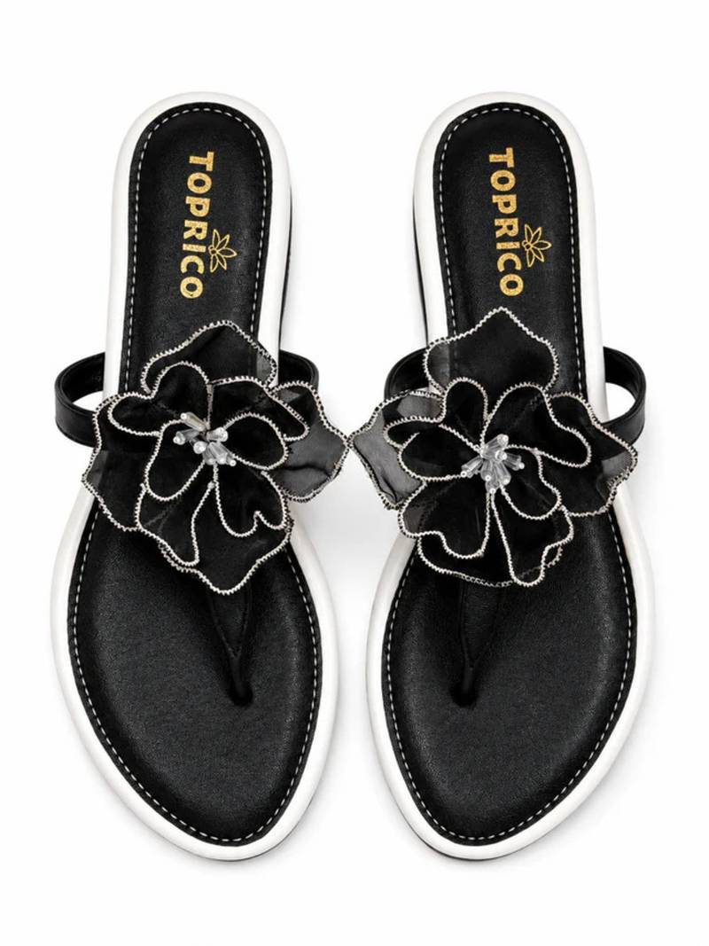 Black beaded faux leather t-strap flower flats for women