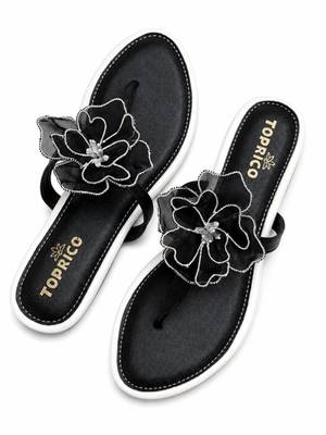 Black beaded faux leather t-strap flower flats for women 3
