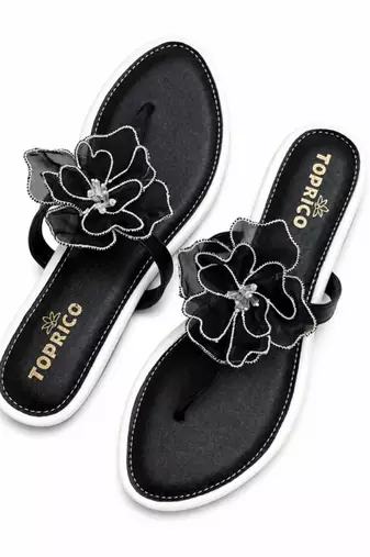 Black beaded faux leather t-strap flower flats for women