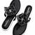 Black beaded faux leather t-strap flower flats for women