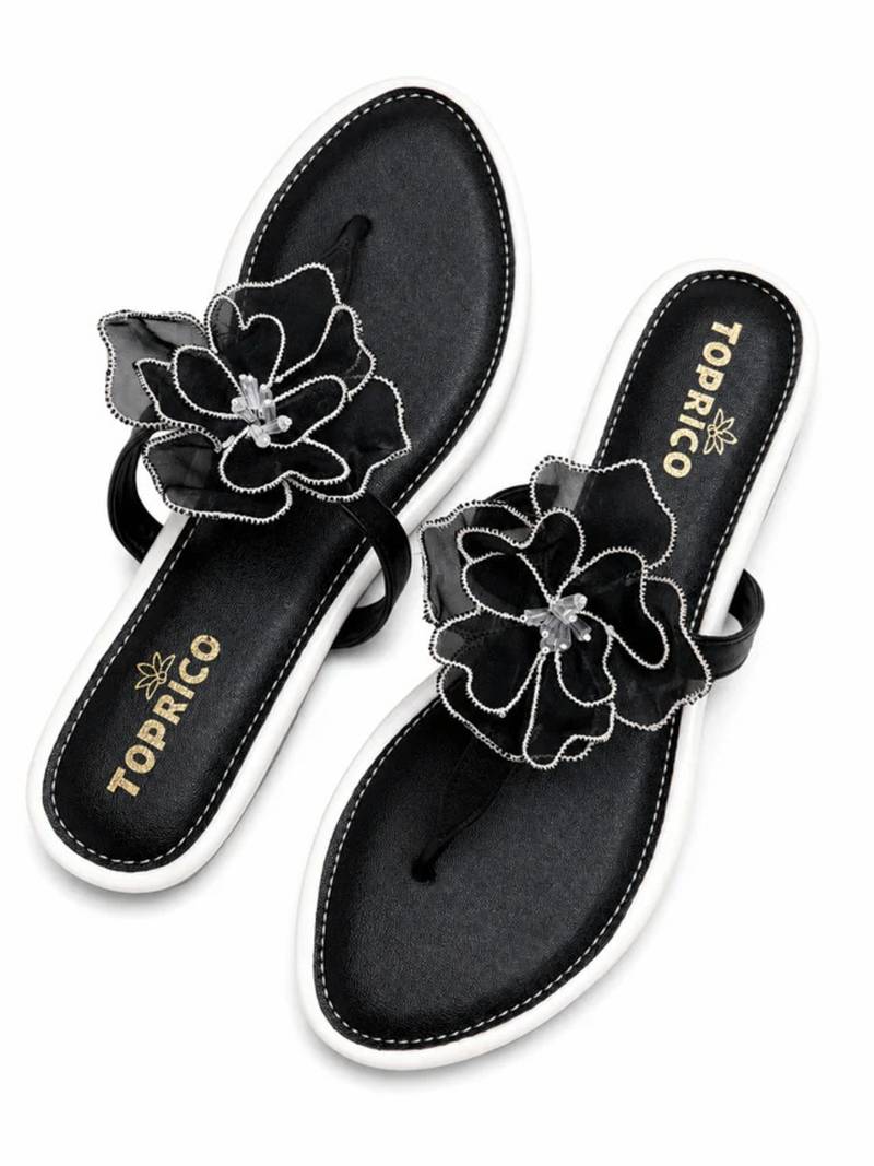 Black beaded faux leather t-strap flower flats for women