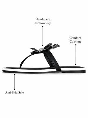 Black beaded faux leather t-strap flower flats for women 4