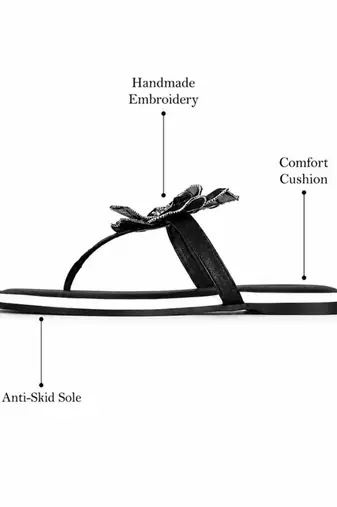 Black beaded faux leather t-strap flower flats for women