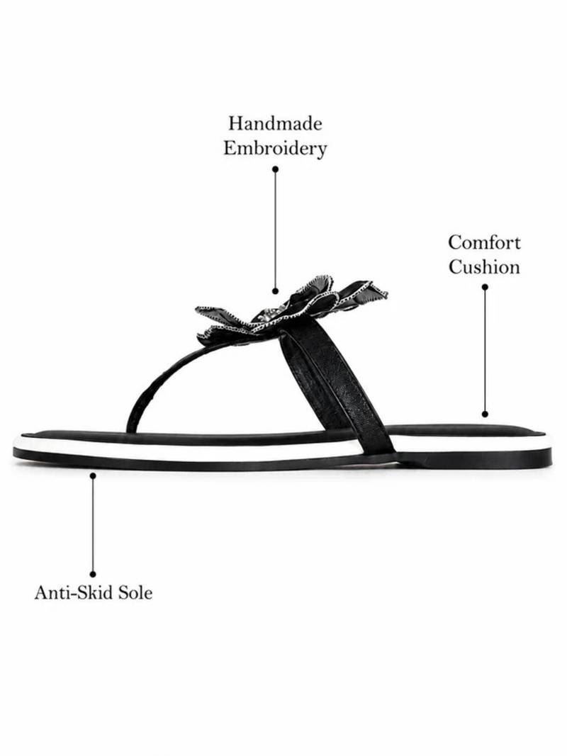 Black beaded faux leather t-strap flower flats for women