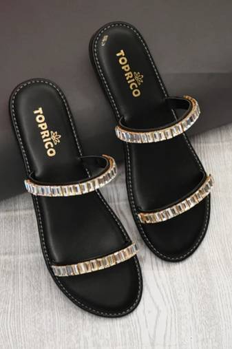 Black embellished faux leather double strap flats for women