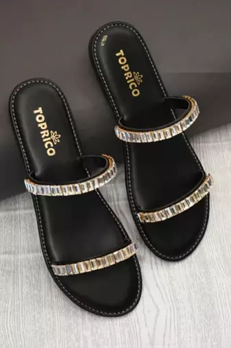 Black embellished faux leather double strap flats for women