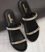 Black embellished faux leather double strap flats for women