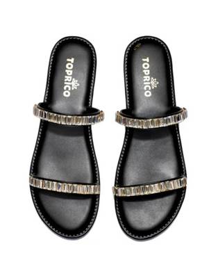 Black embellished faux leather double strap flats for women 2