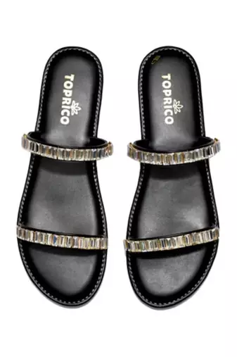 Black embellished faux leather double strap flats for women