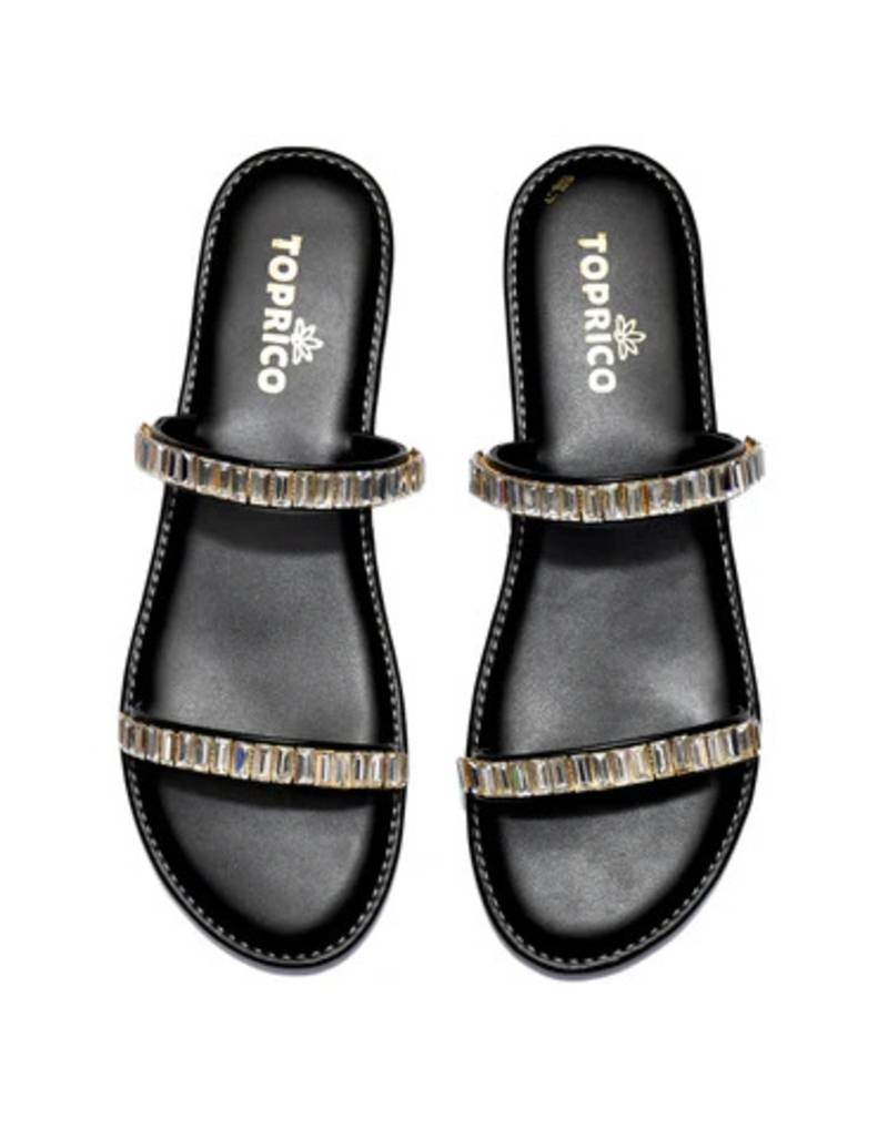 Black embellished faux leather double strap flats for women