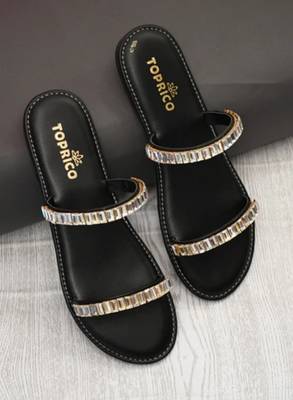 Black embellished faux leather double strap flats for women 4