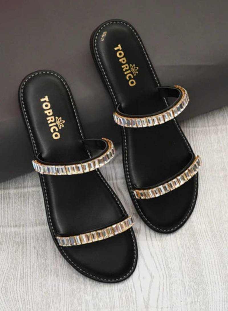 Black embellished faux leather double strap flats for women