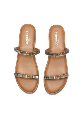 Tan embellished faux leather double strap flats for women 1