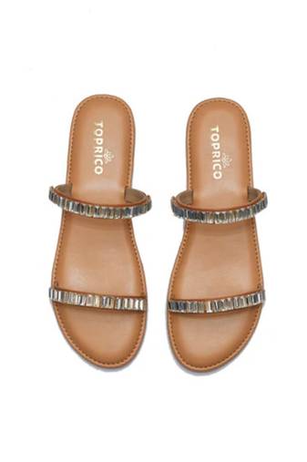 Tan embellished faux leather double strap flats for women
