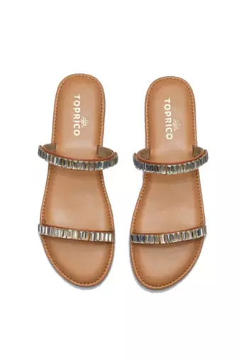 Tan embellished faux leather double strap flats for women
