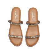 Tan embellished faux leather double strap flats for women