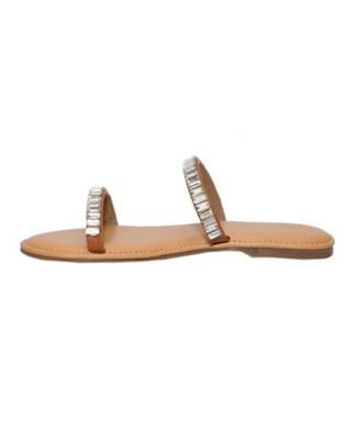 Tan embellished faux leather double strap flats for women 3