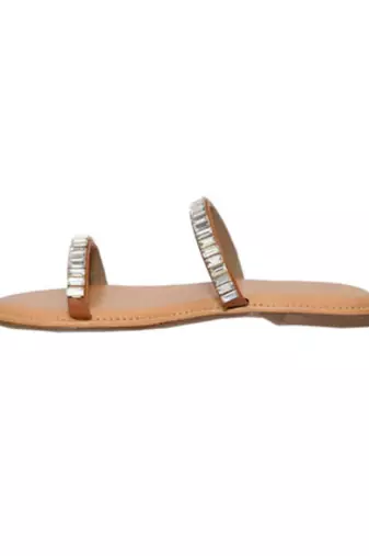 Tan embellished faux leather double strap flats for women