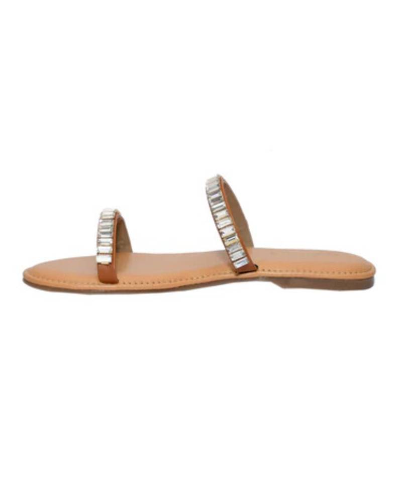 Tan embellished faux leather double strap flats for women