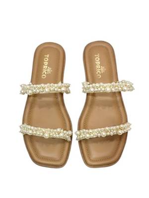 Tan embellished faux leather double strap flats for women 1