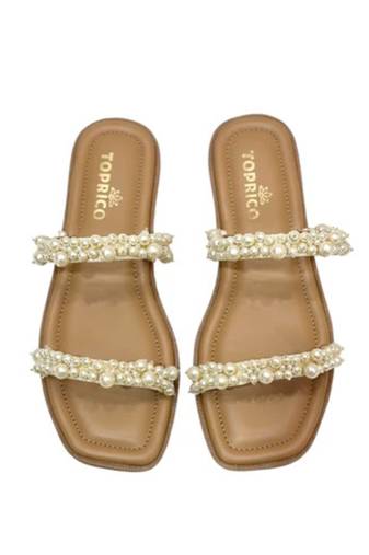 Tan embellished faux leather double strap flats for women