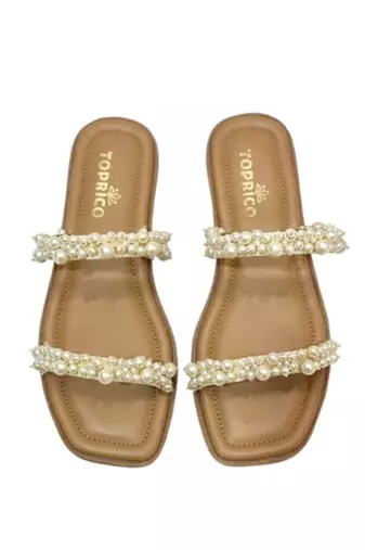 Tan embellished faux leather double strap flats for women