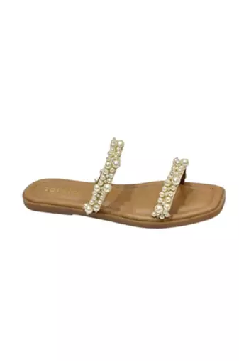 Tan embellished faux leather double strap flats for women