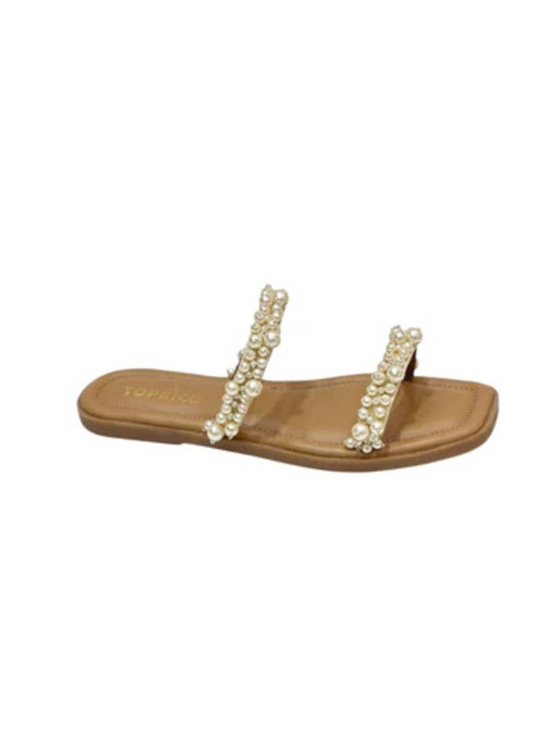 Tan embellished faux leather double strap flats for women