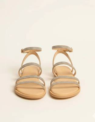 Tan rhinestone faux leather tie-up flats for women 1