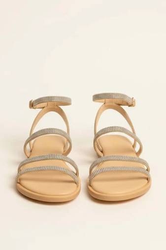 Tan rhinestone faux leather tie-up flats for women