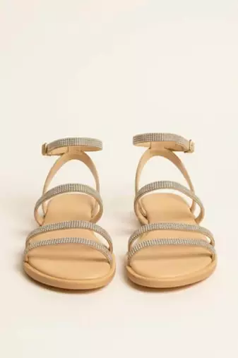 Tan rhinestone faux leather tie-up flats for women