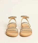 Tan rhinestone faux leather tie-up flats for women