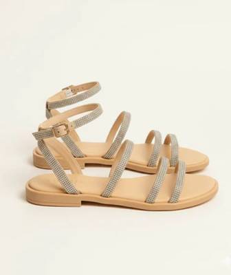 Tan rhinestone faux leather tie-up flats for women 3