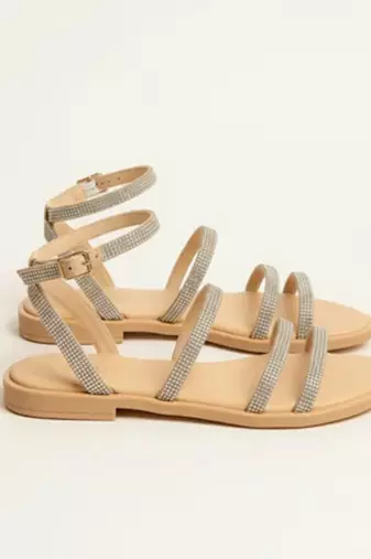 Tan rhinestone faux leather tie-up flats for women