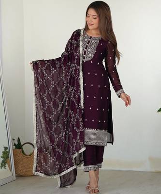 Women's Gorgeous Embroidery Rangoli Silk Fabric Straight Kurta Pant and Dupatta Set 1