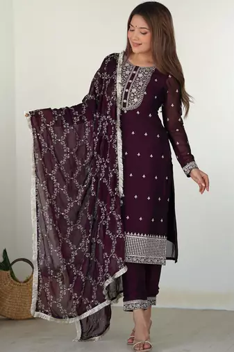 Women's Gorgeous Embroidery Rangoli Silk Fabric Straight Kurta Pant and Dupatta Set