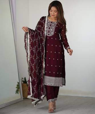Women's Gorgeous Embroidery Rangoli Silk Fabric Straight Kurta Pant and Dupatta Set 1
