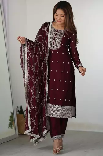 Women's Gorgeous Embroidery Rangoli Silk Fabric Straight Kurta Pant and Dupatta Set