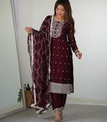 Women's Gorgeous Embroidery Rangoli Silk Fabric Straight Kurta Pant and Dupatta Set