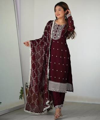 Women's Gorgeous Embroidery Rangoli Silk Fabric Straight Kurta Pant and Dupatta Set 3