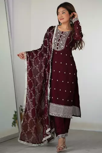 Women's Gorgeous Embroidery Rangoli Silk Fabric Straight Kurta Pant and Dupatta Set