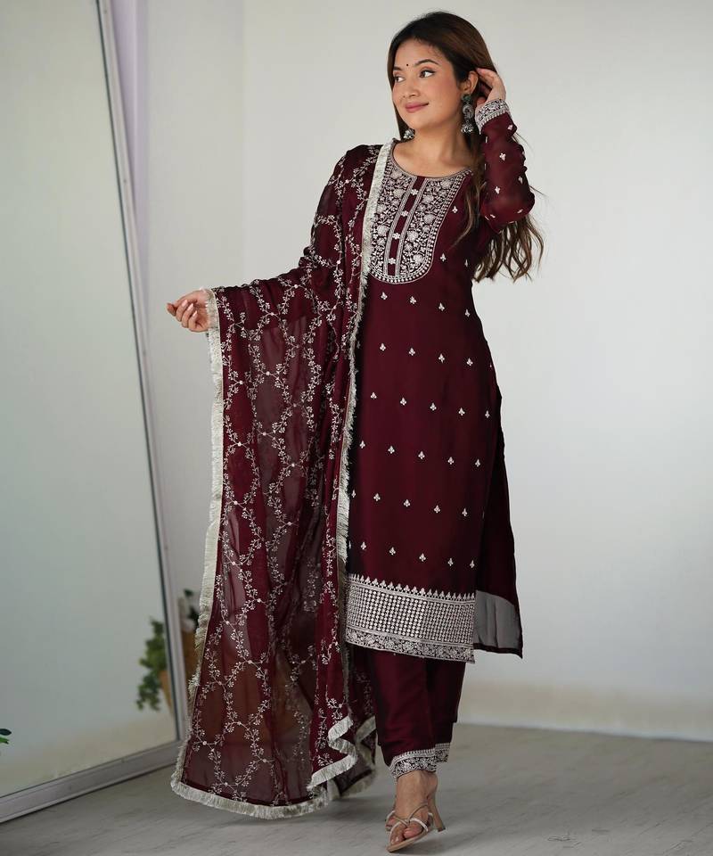 Women's Gorgeous Embroidery Rangoli Silk Fabric Straight Kurta Pant and Dupatta Set