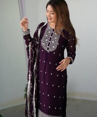 Women's Gorgeous Embroidery Rangoli Silk Fabric Straight Kurta Pant and Dupatta Set 3